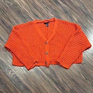 Ladies Cable Knot V-Neck Cropped Button Down Cardigan Sweater (Orange-size Small